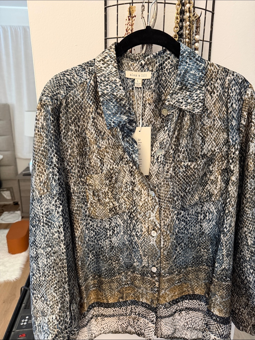 Alix & Kal Snake Print Button-Up Blouse - Blue, Brown, White